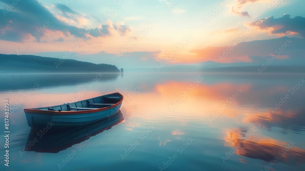A lone boat on a calm lake at sunrise, focus on, serenity theme, whimsical, Double exposure, a tranquil lake as backdrop A lone boat on a calm lake at sunrise, focus on, serenity theme, whimsical, Double exposure, a tranquil lake as backdrop