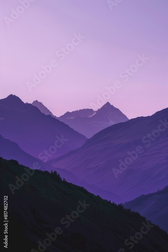 A tranquil mountain landscape with majestic peaks silhouetted against a deep purple sky, Generative AI