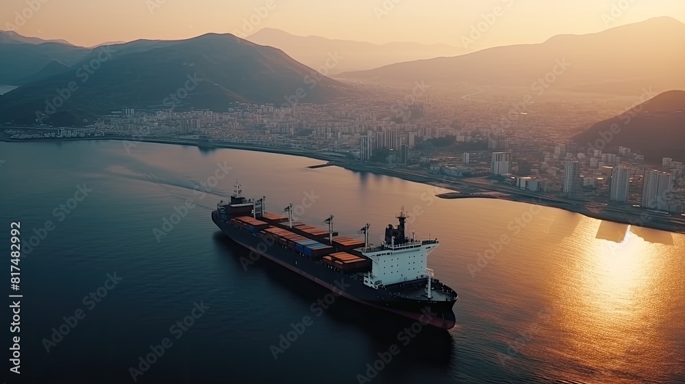 Container ship at sunset. Sea freight is one of the most important engines of the modern economy