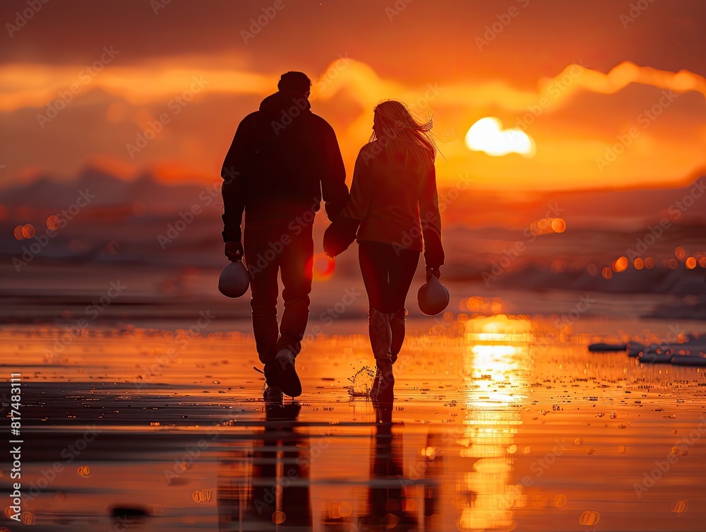 Capturing the Essence of Coastal Romance in Sunset Strolls - Love and Connection - Romantic and Idyllic - Silhouette shots of couples walking hand in hand along the shoreline at sunset, bathed