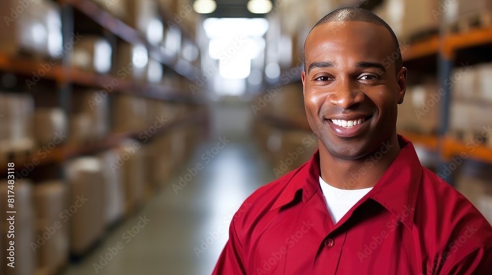 Fototapeta premium The warehouse worker stands tall, a symbol of dependability and dedication in the warehouse.