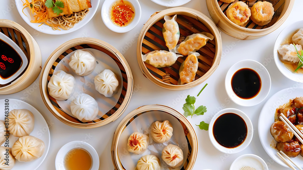 assorted dim sum platter with dipping sauces on a transparent background, accompanied by white bowls and a silver spoon assorted dim sum platter with dipping sauces on a transparent background, accompanied by white bowls and a silver spoon
