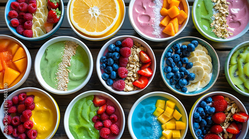 assortment of colorful smoothie bowls with fresh fruit toppings, including red strawberries, blue and white bowls, and a mix of white and blue bowls, arranged on a wooden table photo