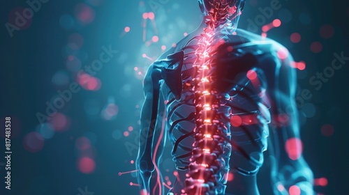 3d render of back pain in human body, red glowing color on spine area, xray scan or medical background with blue tone and focus light effect.
