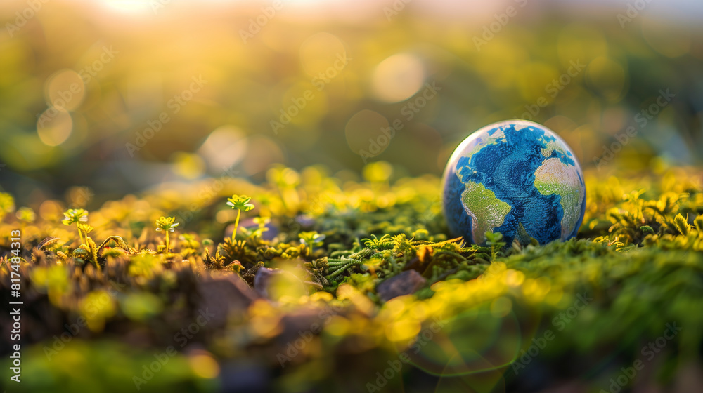 Glass globe resting on vibrant green moss under the soft light of sunrise, symbolizing global environmental consciousness and the beauty of nature. Glass globe resting on vibrant green moss under the soft light of sunrise, symbolizing global environmental consciousness and the beauty of nature.