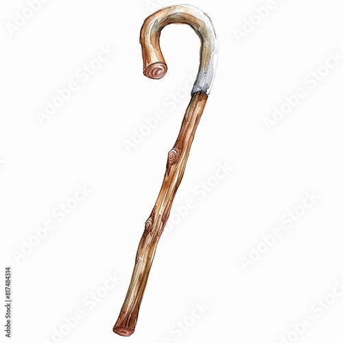 Watercolor illustration of a shepherds staff detailed and rustic