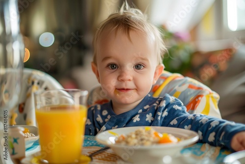 A baby is seated at a table  eating cereal from a bowl and drinking orange juice