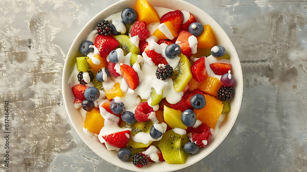 colorful fruit salad bowl with yogurt dressing featuring red strawberries, black blueberries, and sliced kiwi colorful fruit salad bowl with yogurt dressing featuring red strawberries, black blueberries, and sliced kiwi
