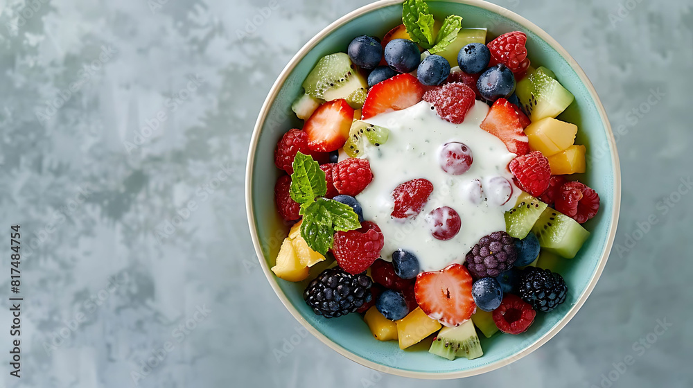 colorful fruit salad bowl with yogurt dressing featuring sliced red strawberries, black blueberries, and green lettuce colorful fruit salad bowl with yogurt dressing featuring sliced red strawberries, black blueberries, and green lettuce