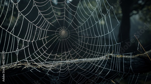A close-up of a black spider's intricate web, dew-covered and shimmering against a dark, shadowy forest backdrop. 32k, full ultra HD, high resolution