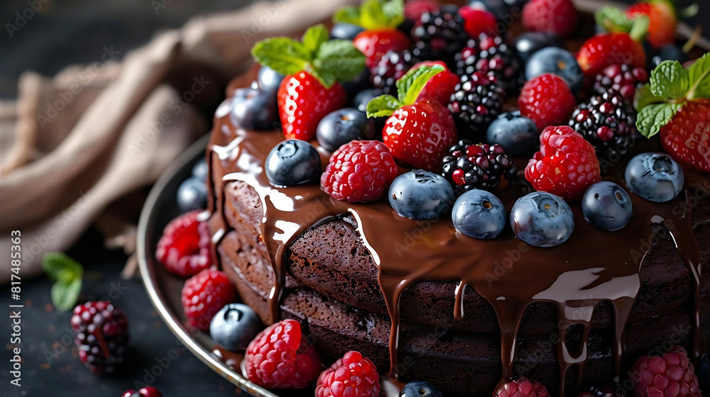 decadent chocolate cake with ganache drizzled on top, topped with fresh strawberries and a green leaf decadent chocolate cake with ganache drizzled on top, topped with fresh strawberries and a green leaf