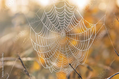 A close-up of a spider web glistening with dew in the early morning light, set against a softly blurred natural backdrop. 32k, full ultra HD, high resolution