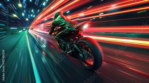 Back view of professional smart motorbike driver wearing helmet while driving in high speed surrounded with neon light at futuristic cityscape and skyscraper at night time. Blurring background. AIG42. © Summit Art Creations