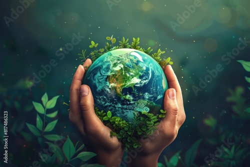 A hand is holding a globe with green leaves surrounding it