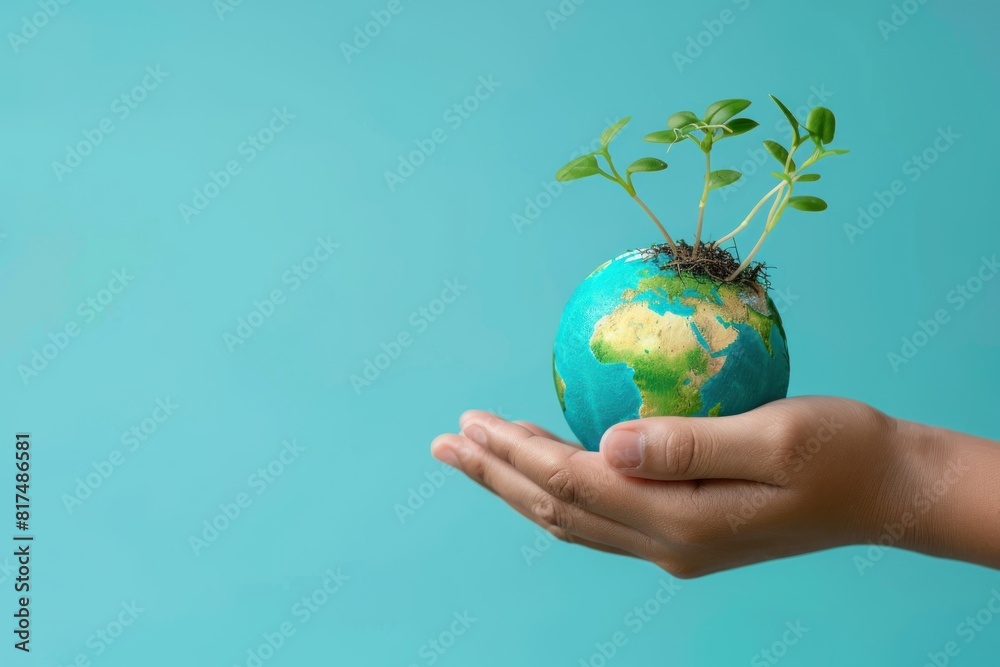 A hand holding a globe with a plant growing out of it A hand holding a globe with a plant growing out of it