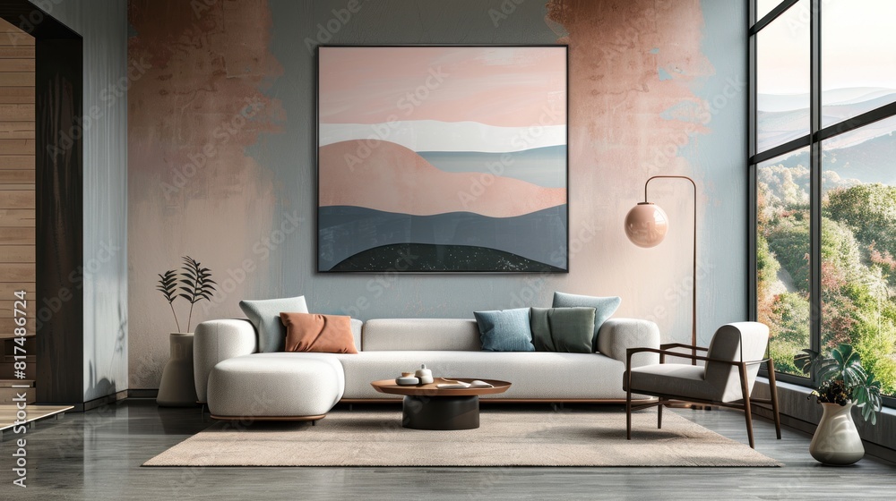 Modern Soft Pink Blush Blue Landscape: Create a modern and contemporary, portrait-oriented landscape in a soft pink mix blush blue, showcasing the beauty of simplicity and sophistication 