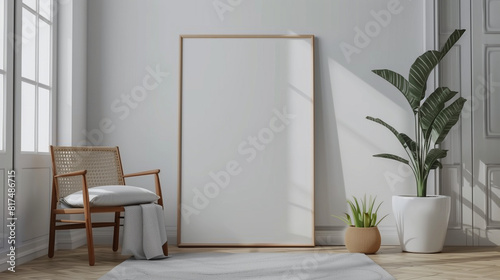 Frame mockup poster laying on the white wall with chair on the side of frame © M