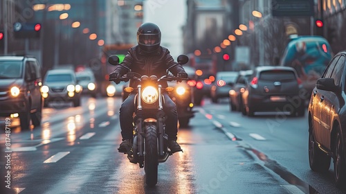 Embarking on daring urban adventures, the motorcyclist conquers the streets with skill and precision. photo