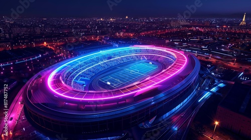 Futuristic 3D model of Olympic stadium, Paris 2024 illuminated at night, neon accents, digital spectators in holographic form, a blend of tradition and modernity photo