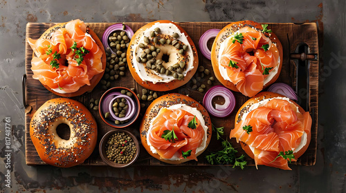 freshly baked bagels with cream cheese and lox are displayed on a wooden board, accompanied by a purple onion and a round hole in the background