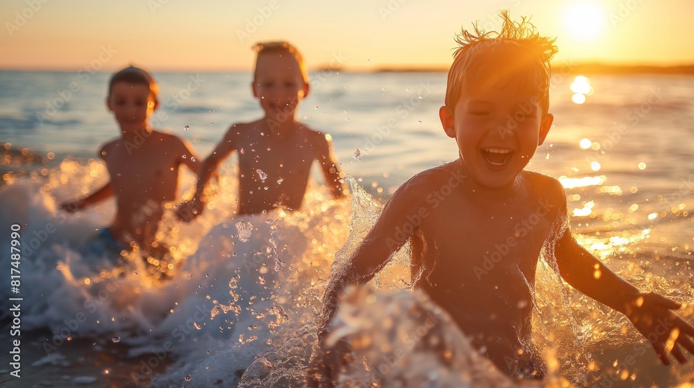 Children playing in the sea at sunset, happy and joyful, splashing ...
