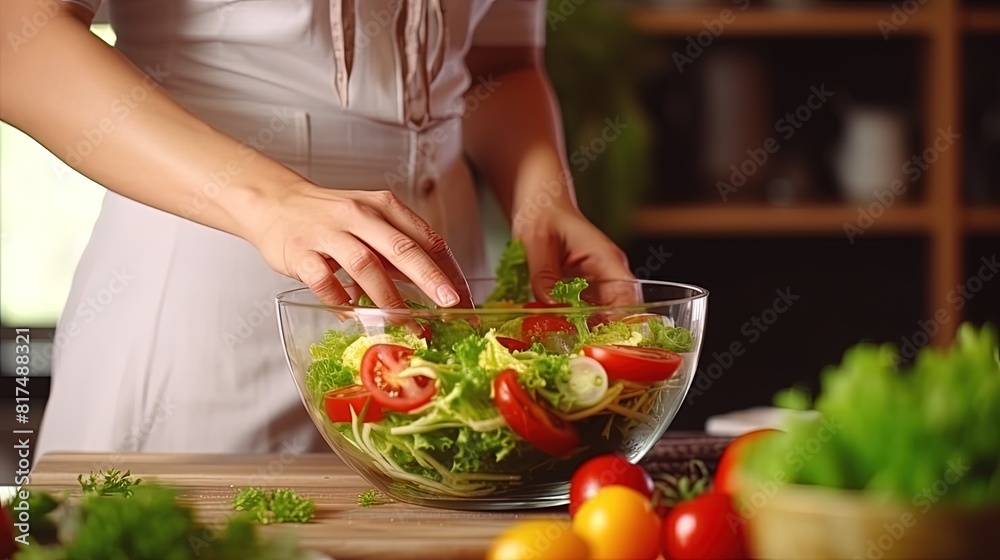 Cooking mixing fresh vegetable salad. Elevating the art of cooking with fresh, wholesome ingredients.