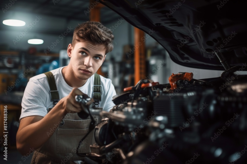 Auto mechanic examining car with a lamp in a workshop. Young repairman analyzing problems of a car with electric lamp in a workshop Auto mechanic examining car with a lamp in a workshop. Young repairman analyzing problems of a car with electric lamp in a workshop