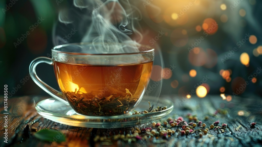 Cup of hot tea dry tea leaves with steam and herb.selective focus.soft focus AI generated Cup of hot tea dry tea leaves with steam and herb.selective focus.soft focus AI generated