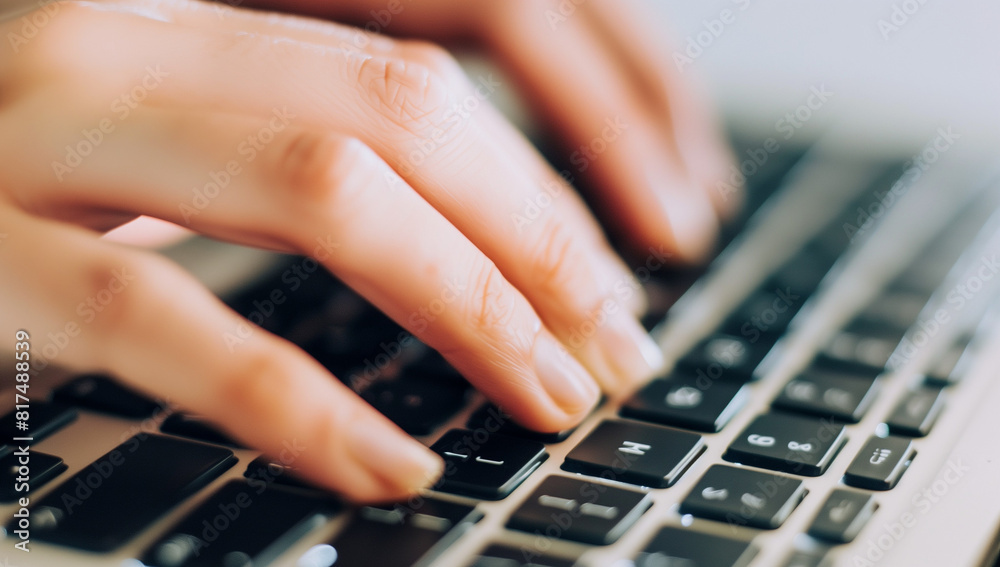 A closeup of hands typing on the keyboard, with focus on fingers and laptop in view A closeup of hands typing on the keyboard, with focus on fingers and laptop in view