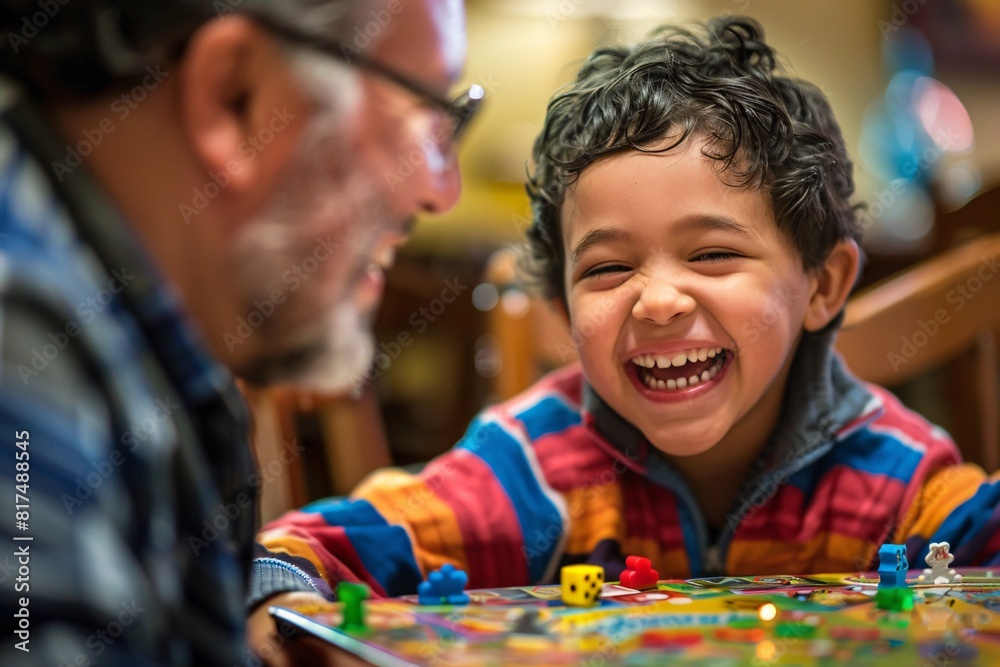 An older man and a young boy engaged in a board game, concentrating on their moves and interactions An older man and a young boy engaged in a board game, concentrating on their moves and interactions