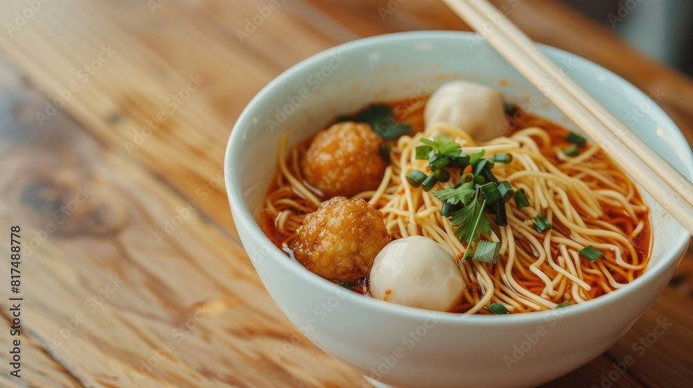 Noodle food Chinese Noodle with fish ball and white bowl on wood table chopstick cooking kitchen AI generated Noodle food Chinese Noodle with fish ball and white bowl on wood table chopstick cooking kitchen AI generated