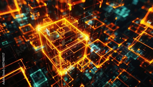 3d rendering of glowing orange and yellow cube boxes with intricate lines on dark background  digital technology concept design