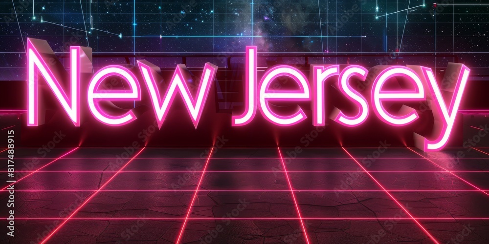 Neon-Lit New Jersey Text Against a Futuristic Grid Background Representing a Retro-Style Digital Aesthetic with Vibrant Pink Glow Neon-Lit New Jersey Text Against a Futuristic Grid Background Representing a Retro-Style Digital Aesthetic with Vibrant Pink Glow