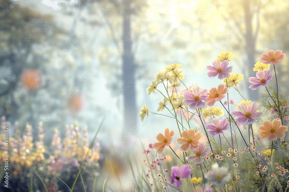 A cluster of wildflowers in soft pastel colors, swaying in a gentle breeze, with a soft-focus forest background. 32k, full ultra HD, high resolution