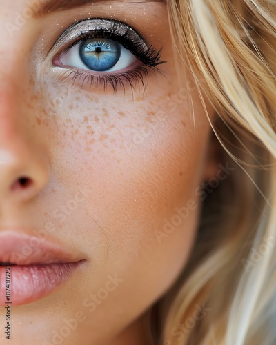 a beautiful portrait of women, with blue eyes, with silver sparkling make up on eyes