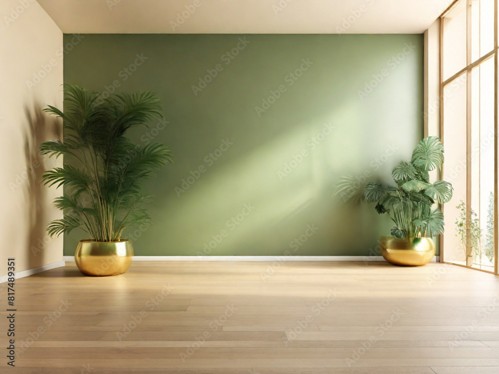 Minimalist empty room with gold wall and wooden floor Minimalist empty room with gold wall and wooden floor