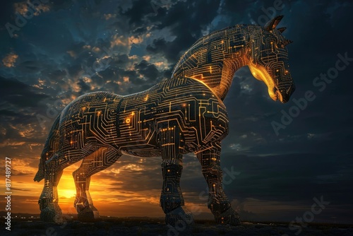 3d rendering of the trojan horse from ancient greece with computer circuit patterns on its body  illuminated by sunset light and standing in front of an open dark sky.