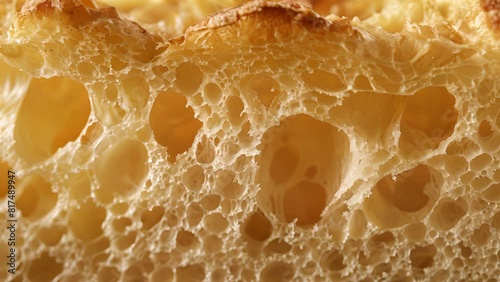 A closeup of a cross section of a loaf of bread revealing its airy holey structure and golden crispy crust. photo