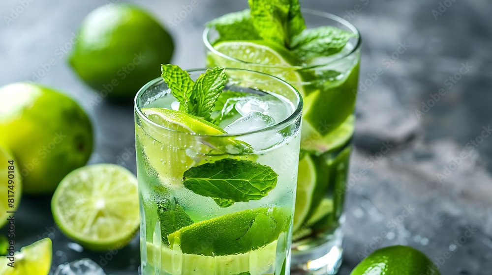 refreshing mojito cocktail with lime and mint garnish, garnished with a green lemon and served in a clear glass refreshing mojito cocktail with lime and mint garnish, garnished with a green lemon and served in a clear glass