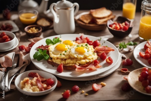  bright sunny breakfast scrambled eggs bacon traditional american food egg cooked plate morning biscuit garnish pork meat fried assortment brunch nobody photo natural early horizontal selective focus 