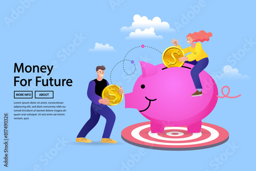 People save money in piggy bank for future. Cartoon characters putting income and cash on deposit. Business, wealth and financial investment. Family Budget.