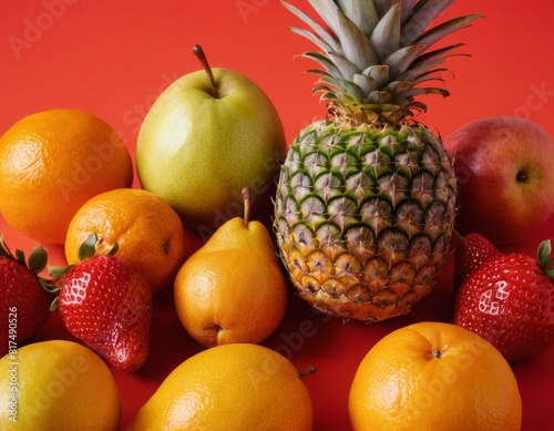 A colorful fruit display with oranges  pears  strawberries  and pineapple