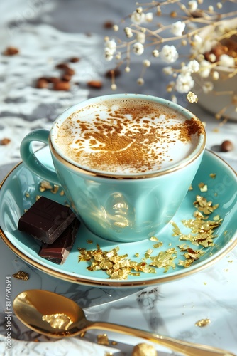 a cup of cappuccino with gold flakes, chocolate on the side, tiffany blue cup, modern light background, morning, culinary blog, social media post