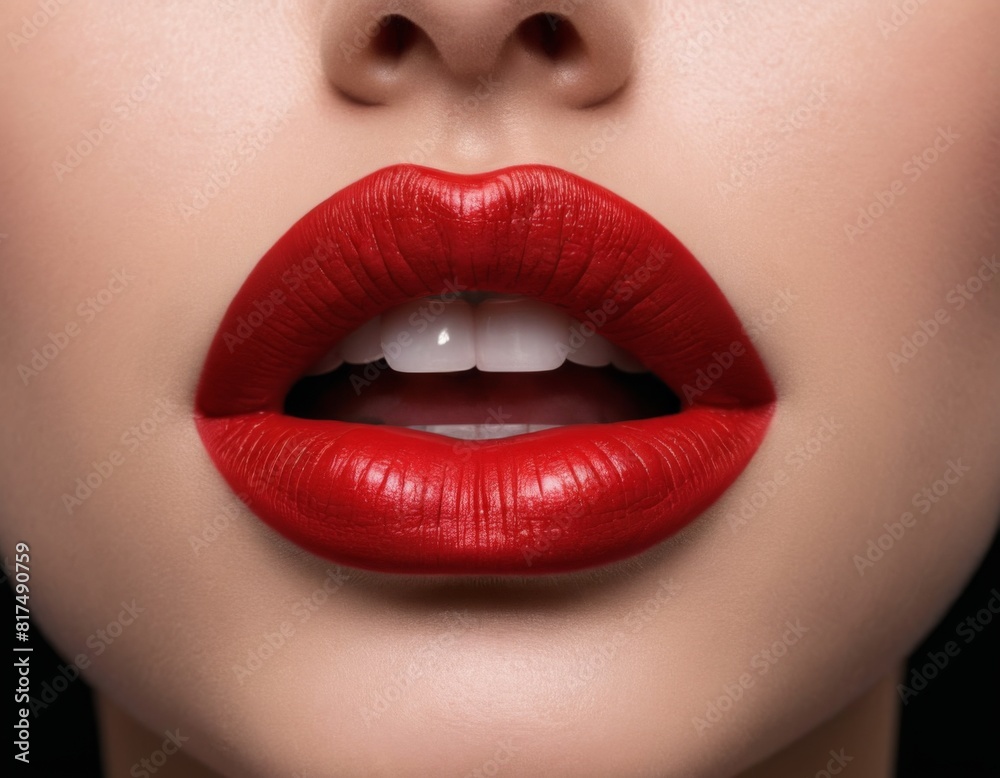 A woman with a red lip is shown in a close up A woman with a red lip is shown in a close up