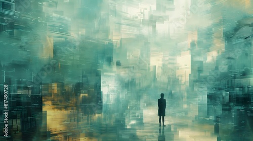 A solitary figure stands in a futuristic, abstract cityscape with a blend of glowing, digital elements and misty architecture.