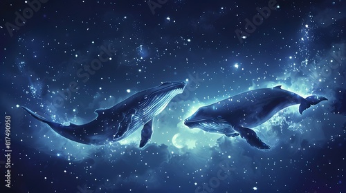 Two majestic whales glide through a star-filled cosmic ocean  creating a surreal and enchanting scene of space and sea.