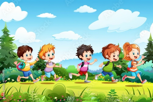 Happy kids running in the park with nature background. Vector illustration.