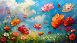 A high-definition oil painting of a vibrant flower field under a dynamic, swirling blue sky with expressive clouds. The flowers at the foreground are rich in red, orange,