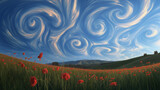 A high-definition oil painting of a vibrant flower field under a dynamic, swirling blue sky with expressive clouds. The flowers at the foreground are rich in red, orange,