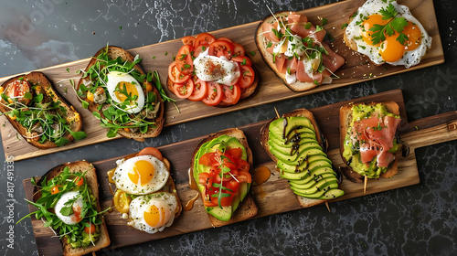 trendy avocado toast varieties are displayed on a wooden cutting board, accompanied by a variety of eggs including white, yellow, and white with yellow yolks